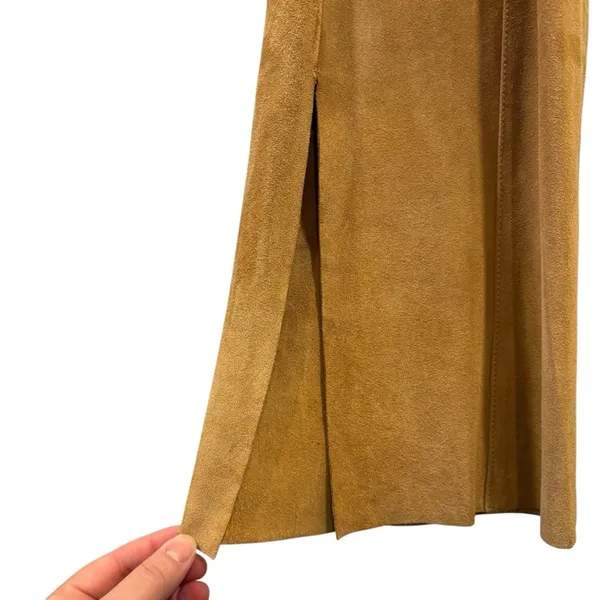 Y2K DKNY Tan Suede Leather Flared Pants Slit Trousers Fall Streetwear Retro - Image 3