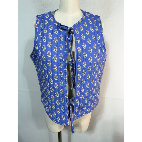 Japna Vest Quilted Floral Tie Front 100% Cotton Women's M Blue Cottagecore Boho - Image 4