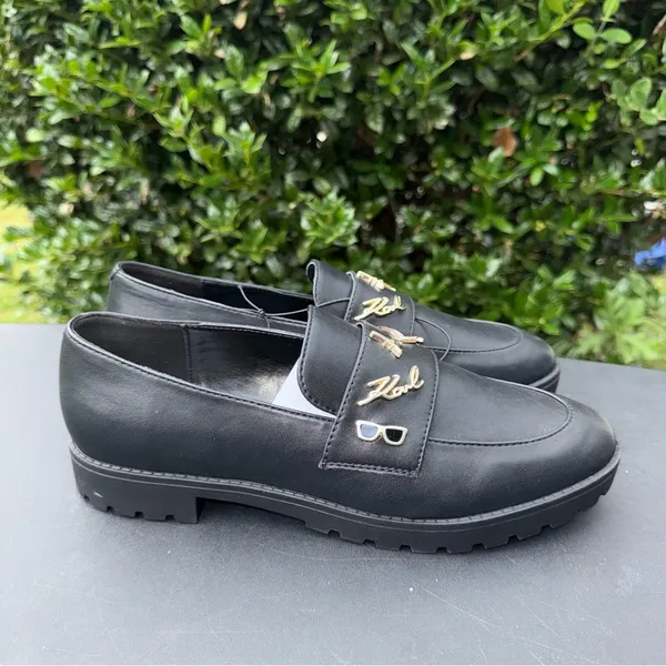 Karl Lagerfeld Black Leather Loafers with Gold Accents Women’s Size 8 NWT - Image 2