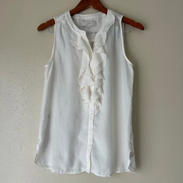 Ann Taylor Loft White Ruffle Button Down Tank Top Size Small - Image 7