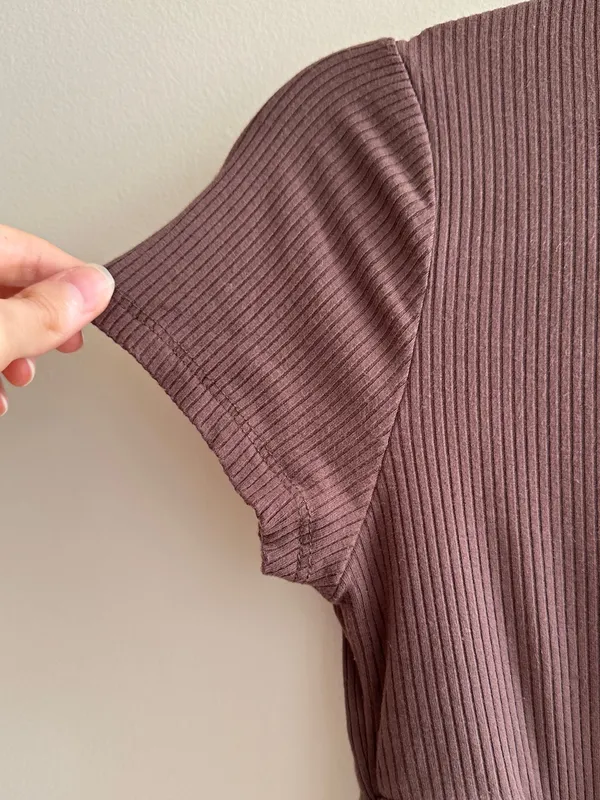 Garage Ribbed Cropped Tie Front Top, Casual Going Out Top, Brown, Size Medium - Image 5