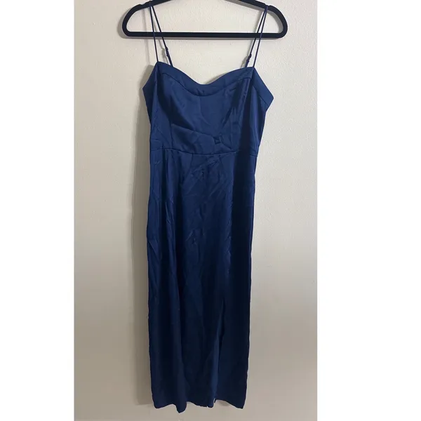 Abercrombie & Fitch Camille Satin Midi Dress Navy Blue High Slit Size Medium - Image 5