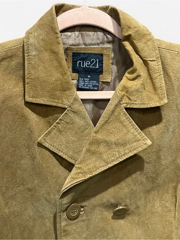 Vintage Y2K Rue21 Genuine Suede Tan Double Breasted Jacket Medium Boho - Image 5