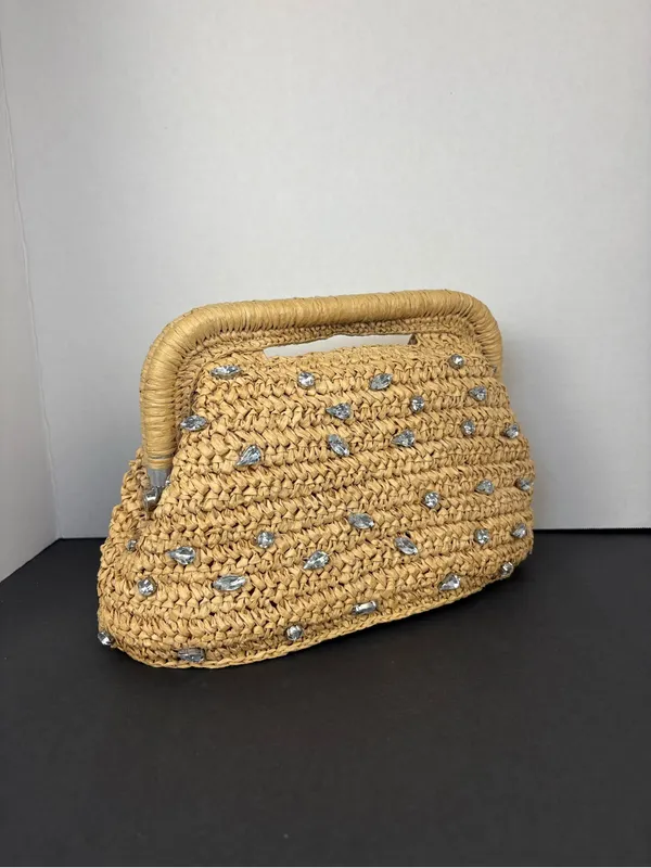 Kelly & Katie Straw Clutch Bag in Natural with crystal embellishments - Image 2