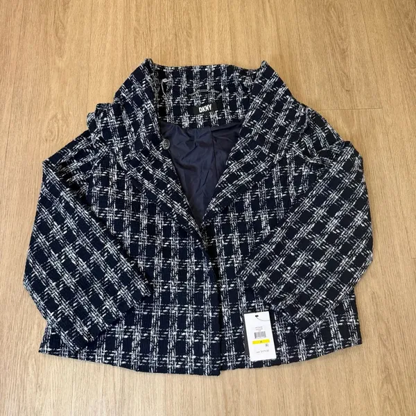 DKNY Art Basel Navy White Plaid Tweed Funnel Neck Jacket womens M - Image 6