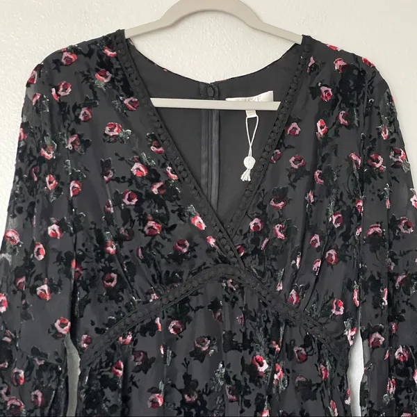 WAYF Brayden Long Sleeve Black with Red Roses Embroidered Velvet Dress Medium - Image 6