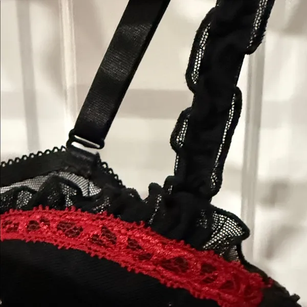 Native Intimates Babydoll Teddy 36B Medium Black Red Lace Sheer Rhinestones - Image 7