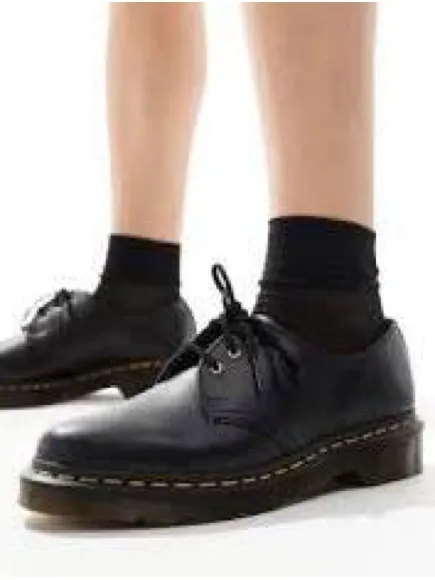 Dr. Martens Vegan 1461 Oxford Black Leather Lace-Up Shoes with Yellow Stitching - Image 2