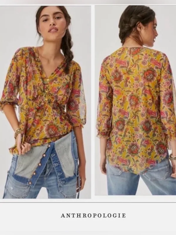 Anthropologie Gretchen Romantic Floral Smocked Blouse sz M - Image 6
