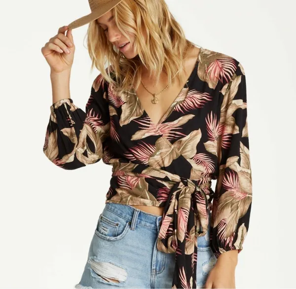 🌺 Billabong Tropical Palm Long Sleeve Wrap Crop Top - Women’s Size L 🌿 - Image 2