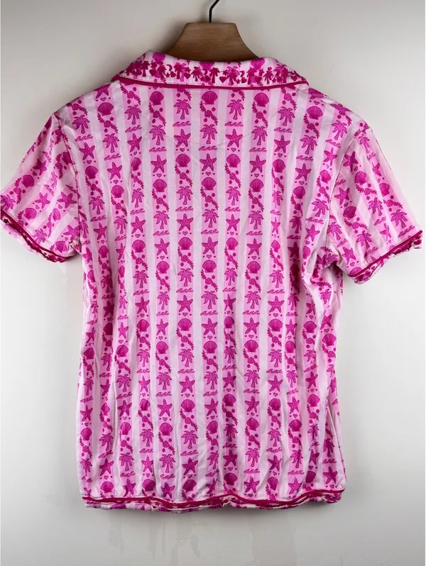 Pink Palm Puff Blush Bay Pajama Set Pink Supima Cotton Shorts Top XL - Image 8