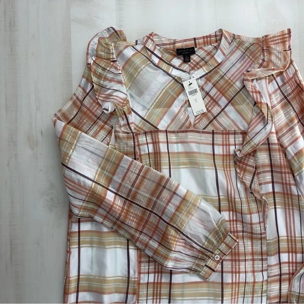 nwt ANTHROPOLOGIE current air ruffle plaid blouse top event work L - Image 2