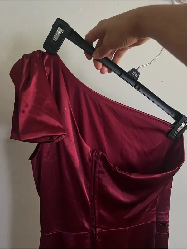 Honey and Rosie One-Shoulder Satin Dress in Burgundy - Image 6