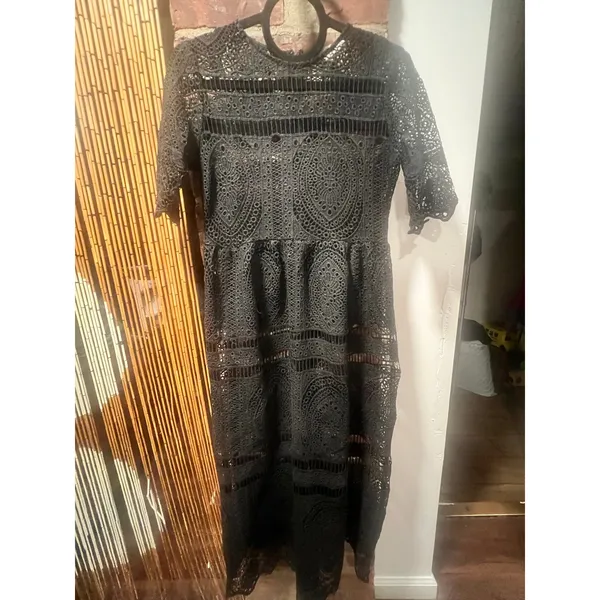 BRASS & ROE Black Romantic Gothic Eyelet Lace Midi Dress XS - Image 2