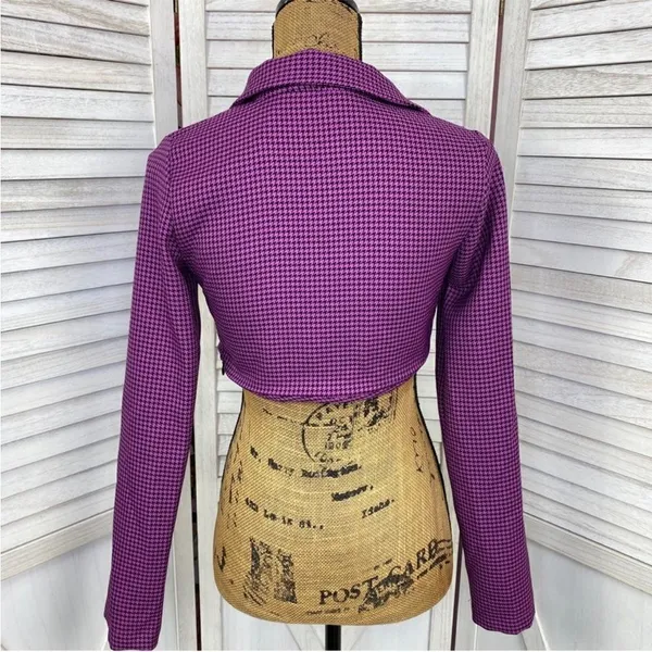 Zara Houndstooth Cropped Polo Top Purple Black‎ Small Long Sleeve Deep V-neck - Image 6