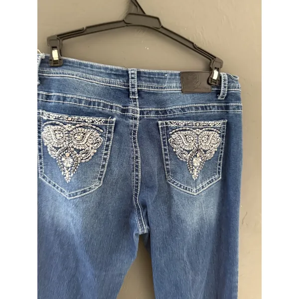 Cedar Rose Womens Blue Embellished Bootcut Jeans 32 Rhinestone Pockets‎ Denim - Image 2