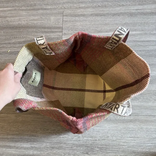 Anta Made in Scotland Pure Wool Tweed Large Tote Bag Strap Herringbone Plaid - Image 3
