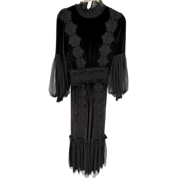 TOV Los Angeles Black Velvet Lace Maxi Dress Size 38 US 6 Small Witchy Victorian - Image 3