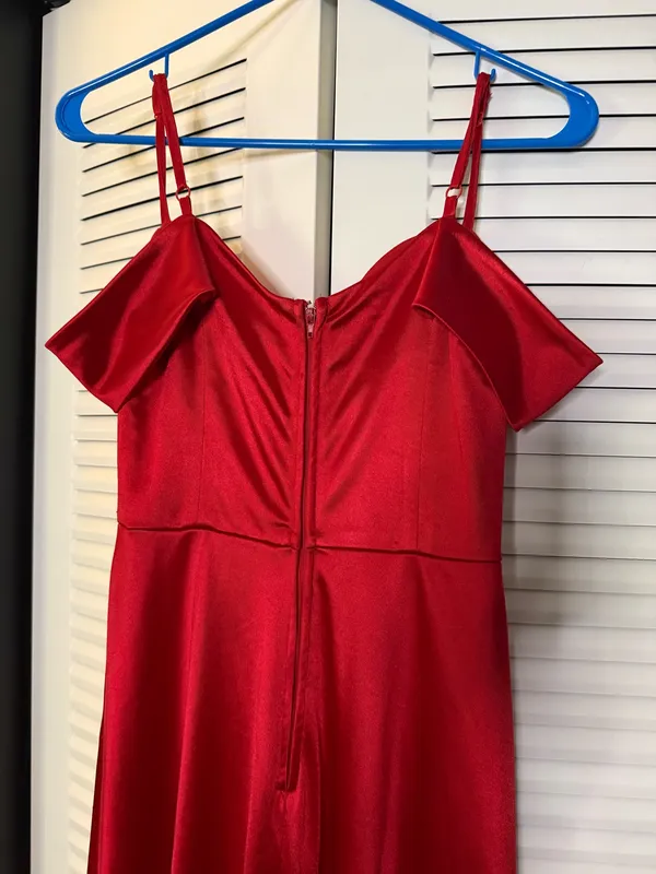 City Studios Red Satin Off The Shoulder Maxi Dress - Image 4