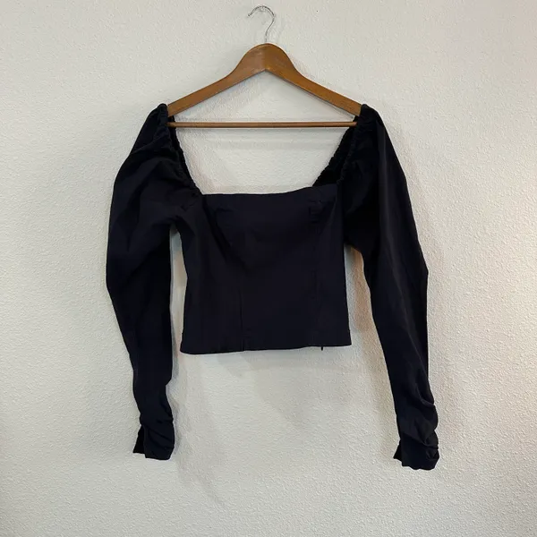 Maeve The Wynne Square Neck Long Sleeve Cropped Top Navy Blue M - Image 2