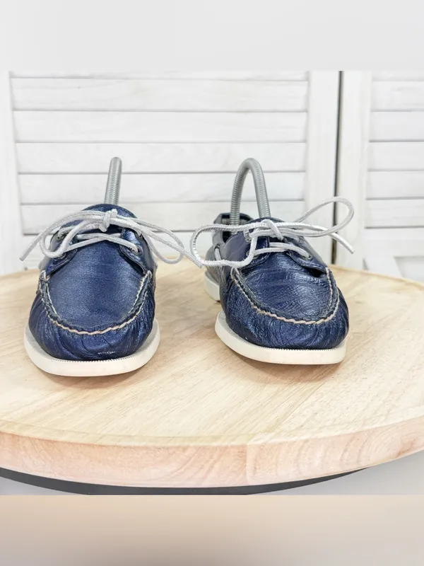 Sperry Top Sider Leather Boat Shoe Metallic Navy Blue Women Size 8 Slip On - Image 2