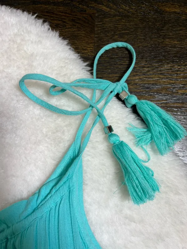 M&S Collection Turquoise Blue Crinkle Sundress Tassel Ties Size 16 - Image 2