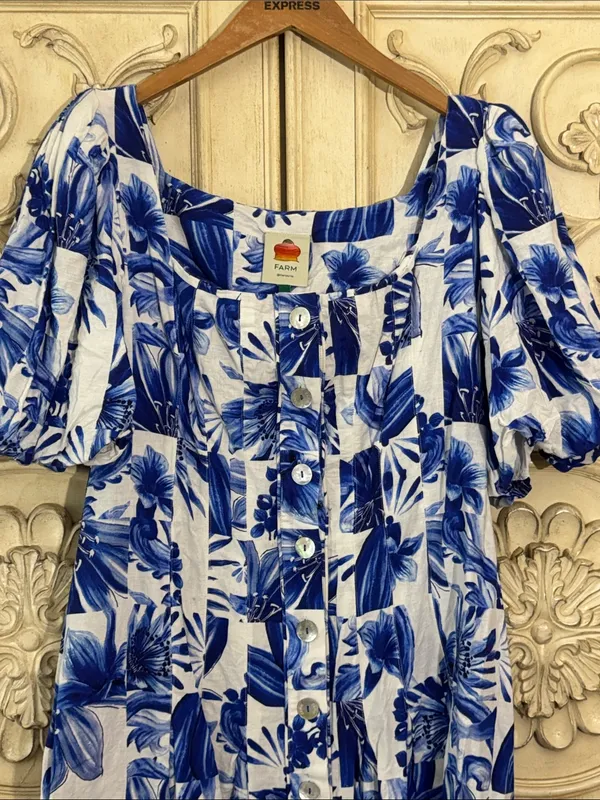 Farm Rio Garden Tiles Linen Puff Sleeves Mini Dress Size Large - Image 5