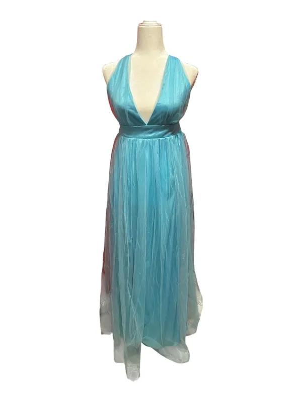 Long Tulle Evening Aqua V-Neck Halter Dress with Slit Bridesmaid Wedding - Image 2