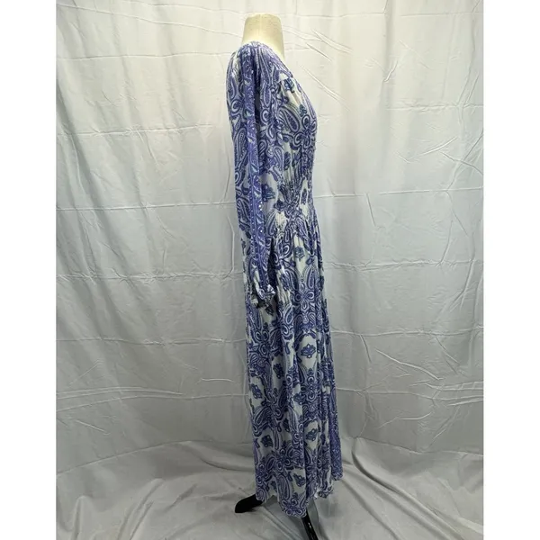 Z&L Boho Paisley Maxi Dress Small Smocked Waist Button Front Purple Green Resort - Image 11