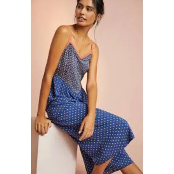 Anthropologie XL Blue Floral Wide Leg Cropped Jumpsuit Boho Adjustable Strap - Image 4