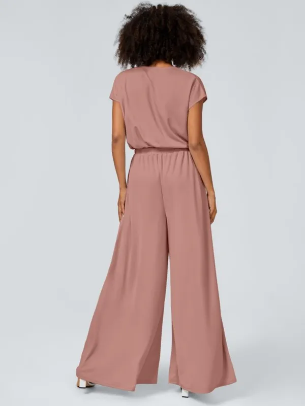 NWOT Halara Light Pink V Neck Short Sleeve Wide Leg Flowy Waffle Casual Jumpsuit - Image 2
