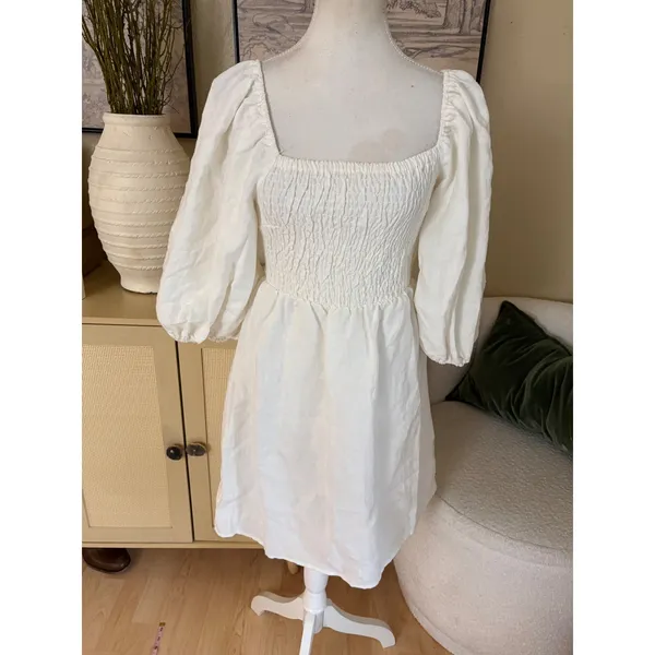TUCKERNUCK White Annie‎ Smocked Mini Dress Linen Size Small - Image 2