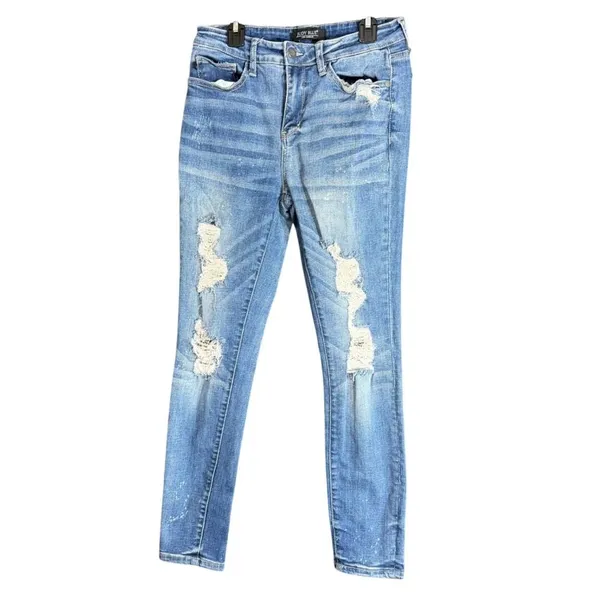 Judy Blue Womens Size 7/28 Skinny Distressed Jeans Bleach Splatter Ripped Denim - Image 2