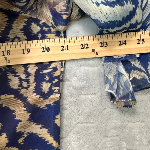 Chicos Women Sheer Blouse Blue Gold Ikat Boho Flowy Top Sz 2 US L Resort Coastal - Image 7