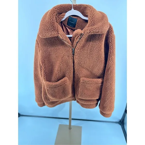 Anthropologie Elodie Faux Sherpa Teddy Coat Oversized Rust Size Medium Pockets - Image 7