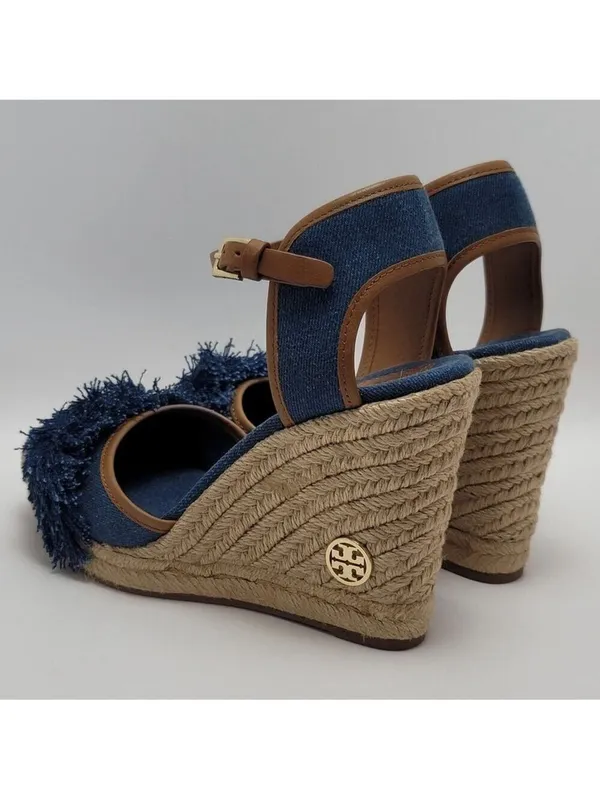 Tory Burch Wedge Espadrille Shaw Blue Denim Fringe Ankle Strap Sandals Size 8.5 - Image 8