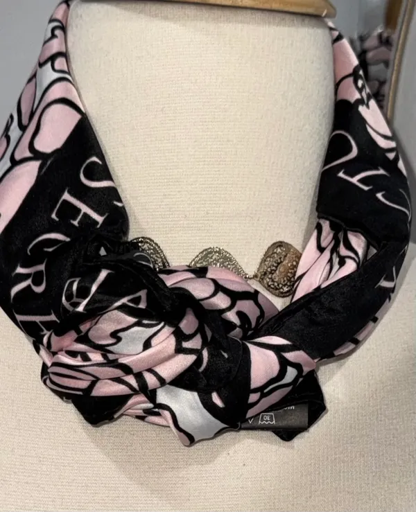Victoria's Secret Pink and Black Floral Logo Bombshell Silk Scarf - Image 7