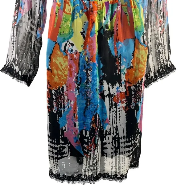 Vintage Oleg Cassini 80s 90s Abstract Boho Sheer Bell Sleeve Midi Dress Sz 6 - Image 9