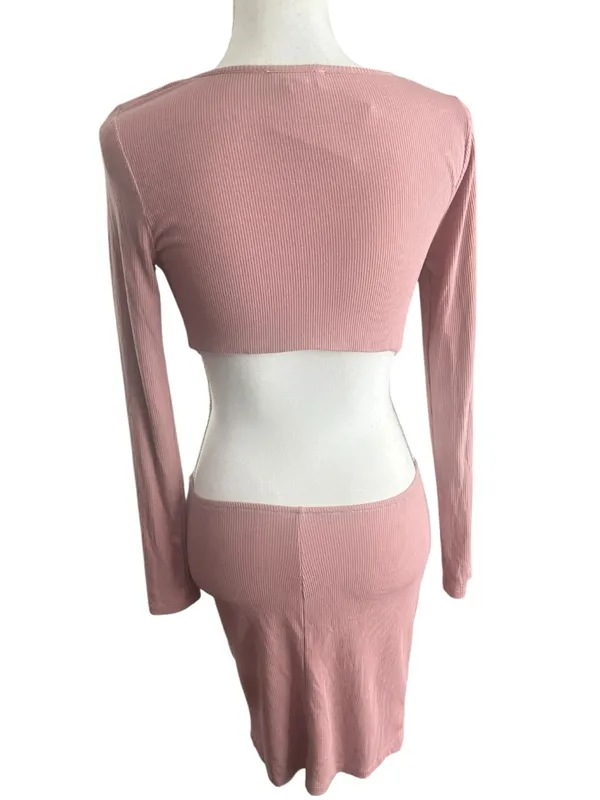 Long Sleeve Ribbed Pink Bodycon Dress - Image 4