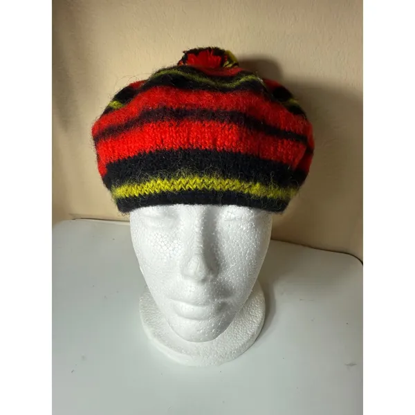 MZ Wallace Wool‎ Beret Hat Striped Red Black Yellow Pom Pom Made in Scotland - Image 2