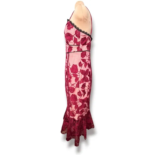 Lulus Alluring Dream Burgundy Floral Mesh Lace Trumpet Midi Dress Large Romantic - Image 7