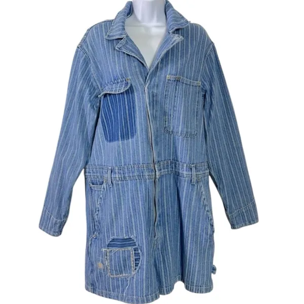Free People Downtown Denim Railroad Patchwork Coveralls Romper Small Bohemian - Image 5