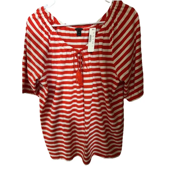 NWT Chic J. Crew linen blend red‎ white striped tassel tie blouse M - Image 3