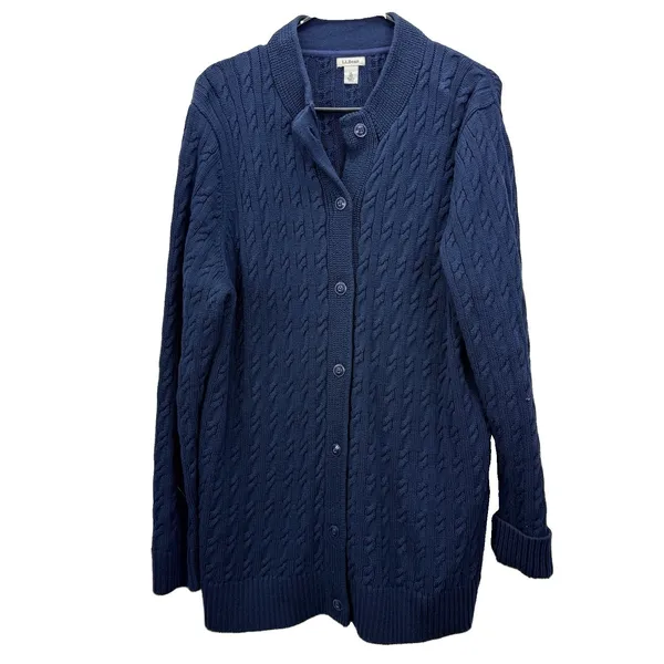 LL Bean Navy Blue Cable Knit Cotton Button Up Cardigan Sweater Size XL - Image 2