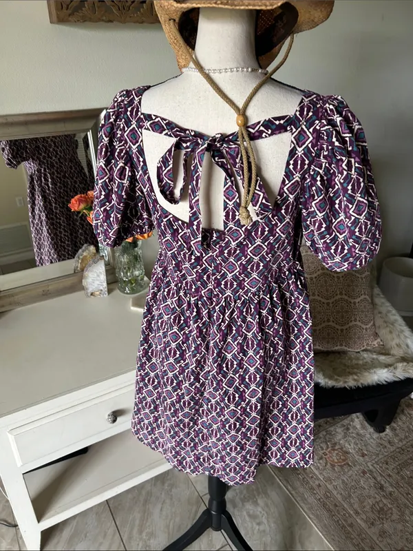 Anthropologie Boho cottage purple corduroy cotton puff sleeve square neck babydoll dress L - Image 7