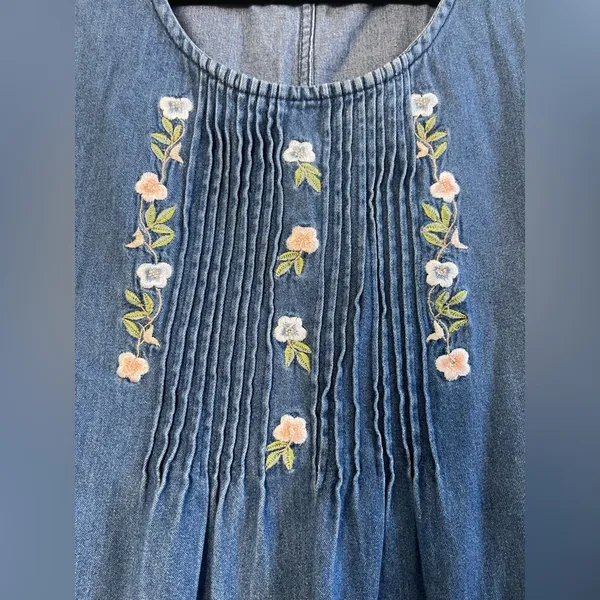 Vintage 90s Erika & Co. Embroidered Floral Denim Sleeveless Dress Size L - Image 3