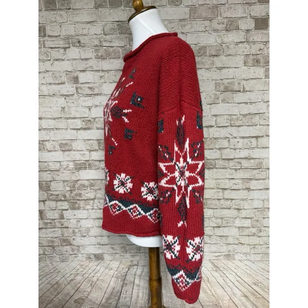 Vtg Best authentic Roll‎ Neck Wool Red Floral Sweater Star M True North Aran - Image 3