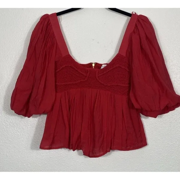 Sofie the label Red Puff Sleeve Smocked Ruffle Cropped Top Square Neck Size S - Image 2