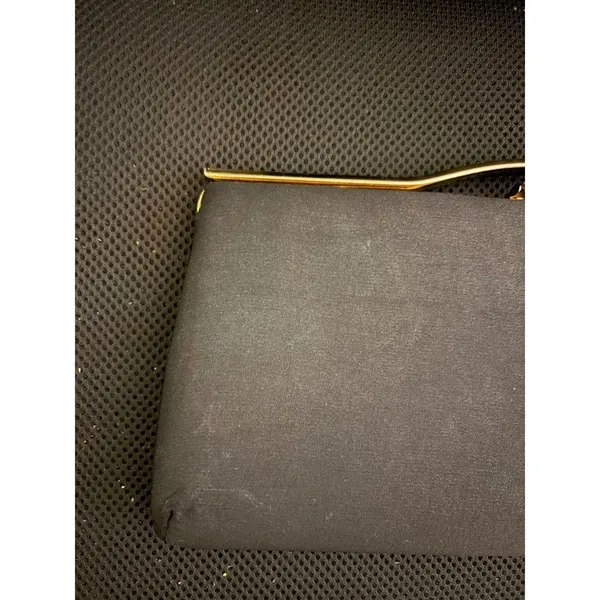 Vintage Black Satin Evening Clutch‎ Bag Gold Tone Frame Wavy Top Bar Formal - Image 2