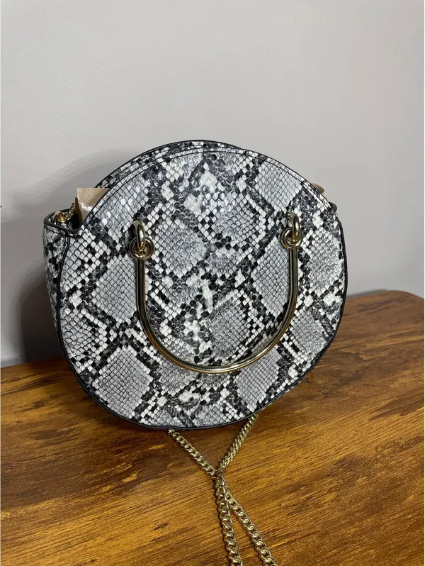 Mango Snakeskin Round Crossbody Bag with Gold Chain festival - Image 9